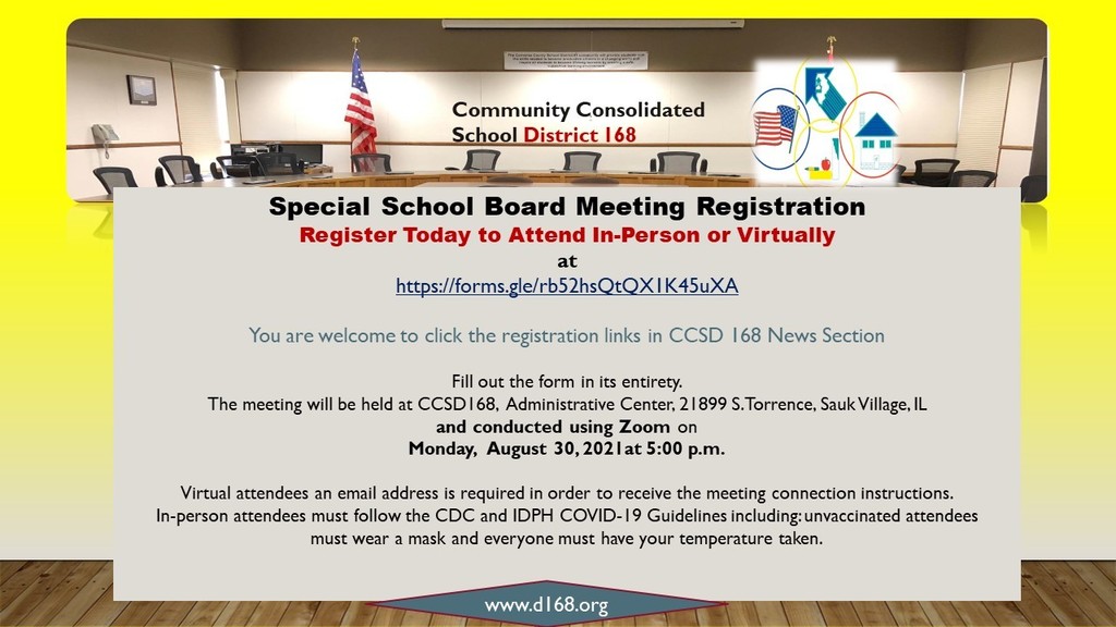 Special School Board Meeting - Monday, August 30, 2021 at 5:00 p.m.