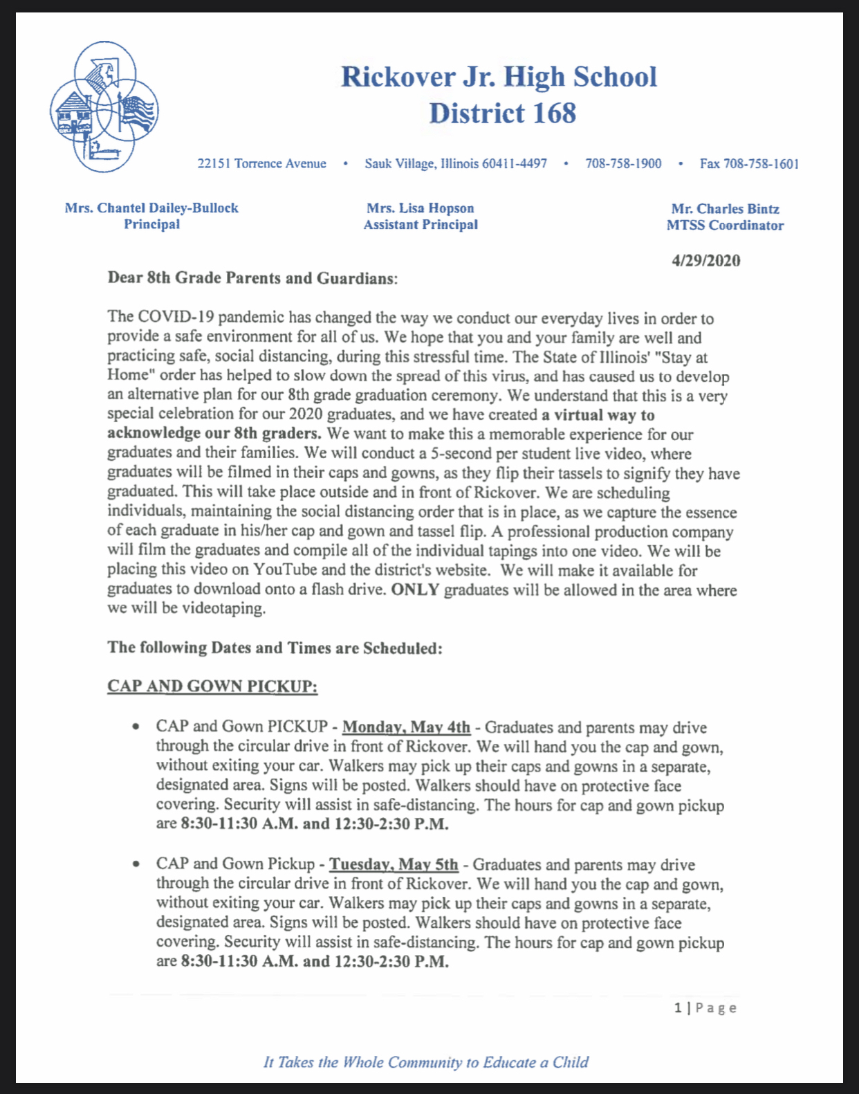 Rickover Junior High 8th grade virtual graduation details